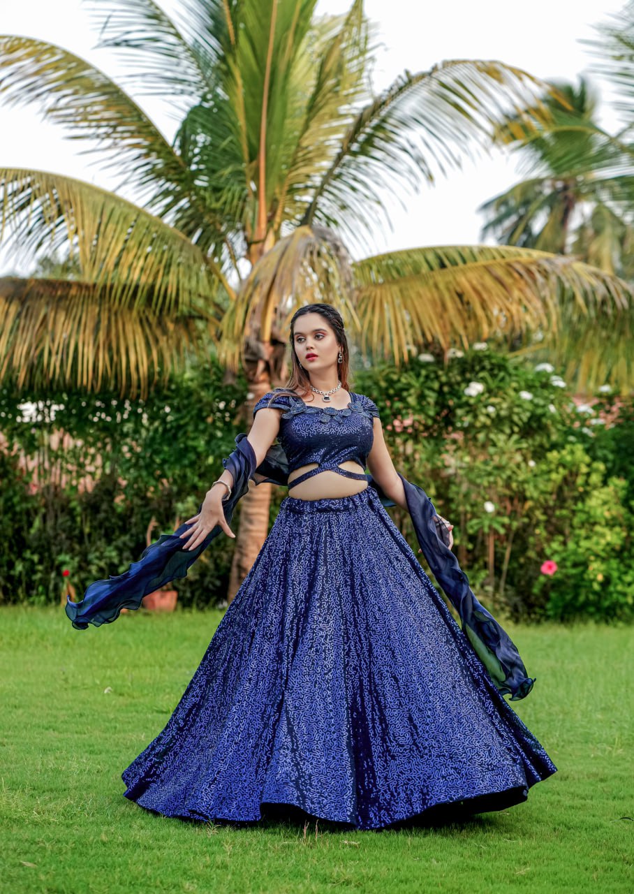 Dark Navy Blue Cinderella Sequence Lehenga Set - Full Stitched Georgette Ensemble