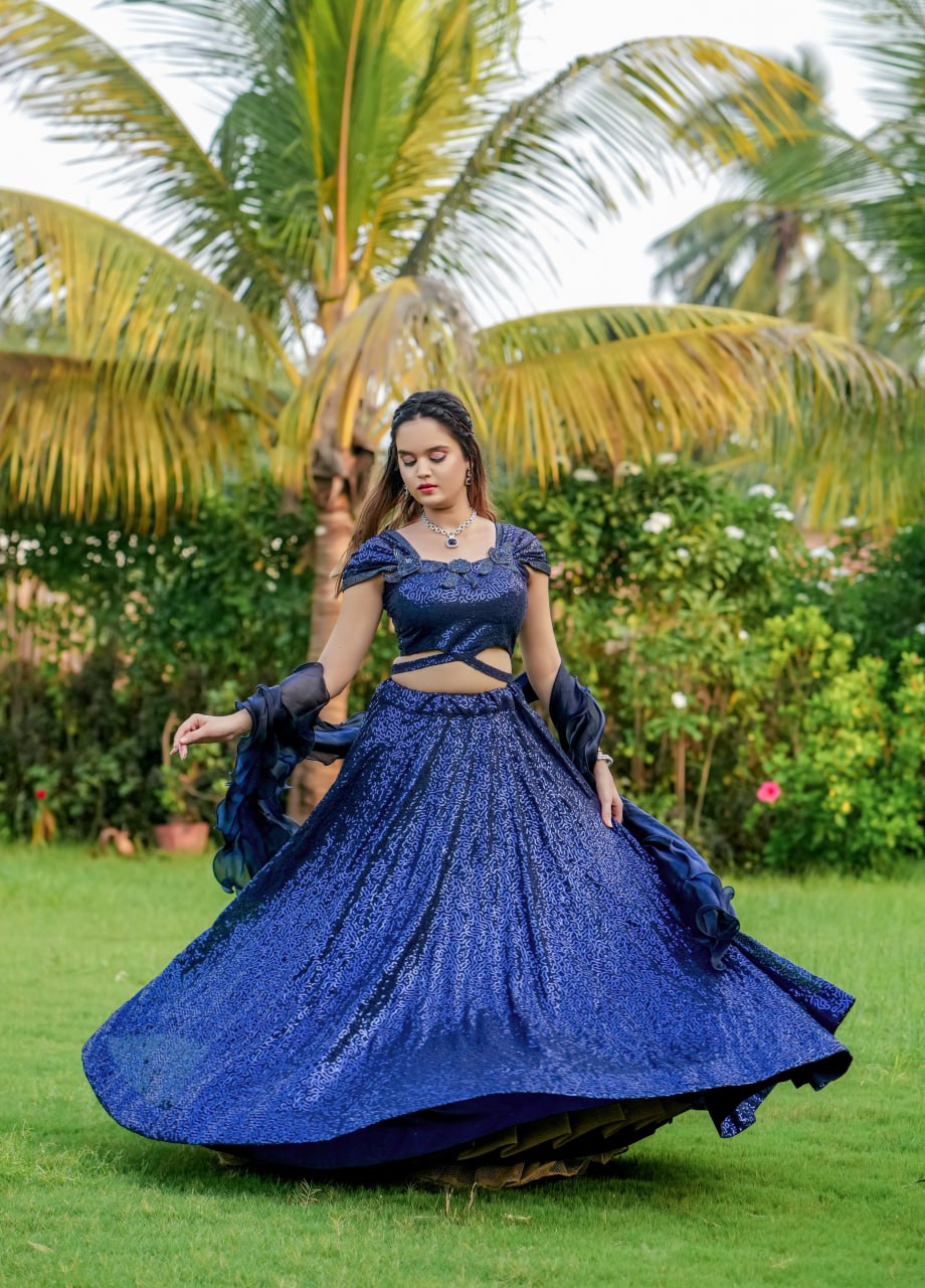 Dark Navy Blue Cinderella Sequence Lehenga Set - Full Stitched Georgette Ensemble