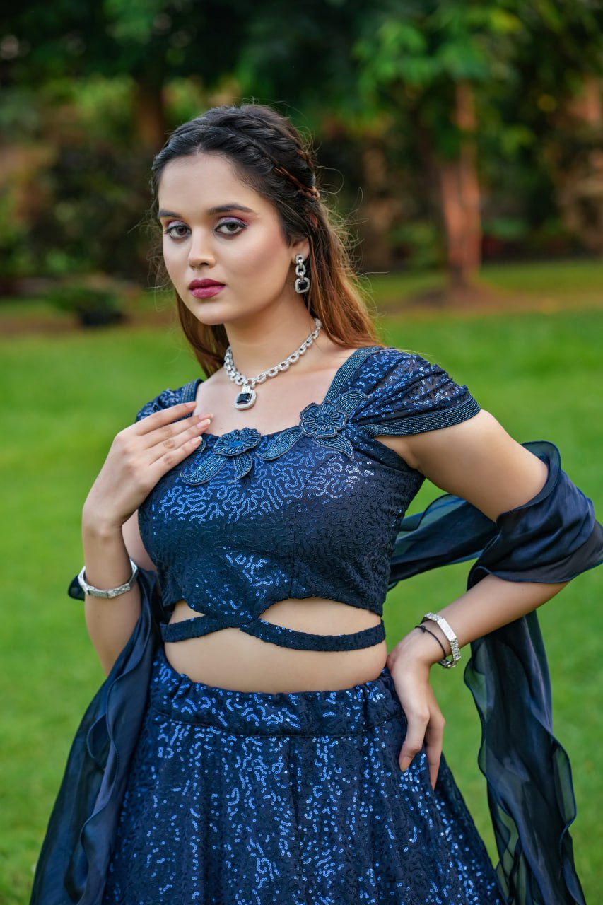 Dark Navy Blue Cinderella Sequence Lehenga Set - Full Stitched Georgette Ensemble