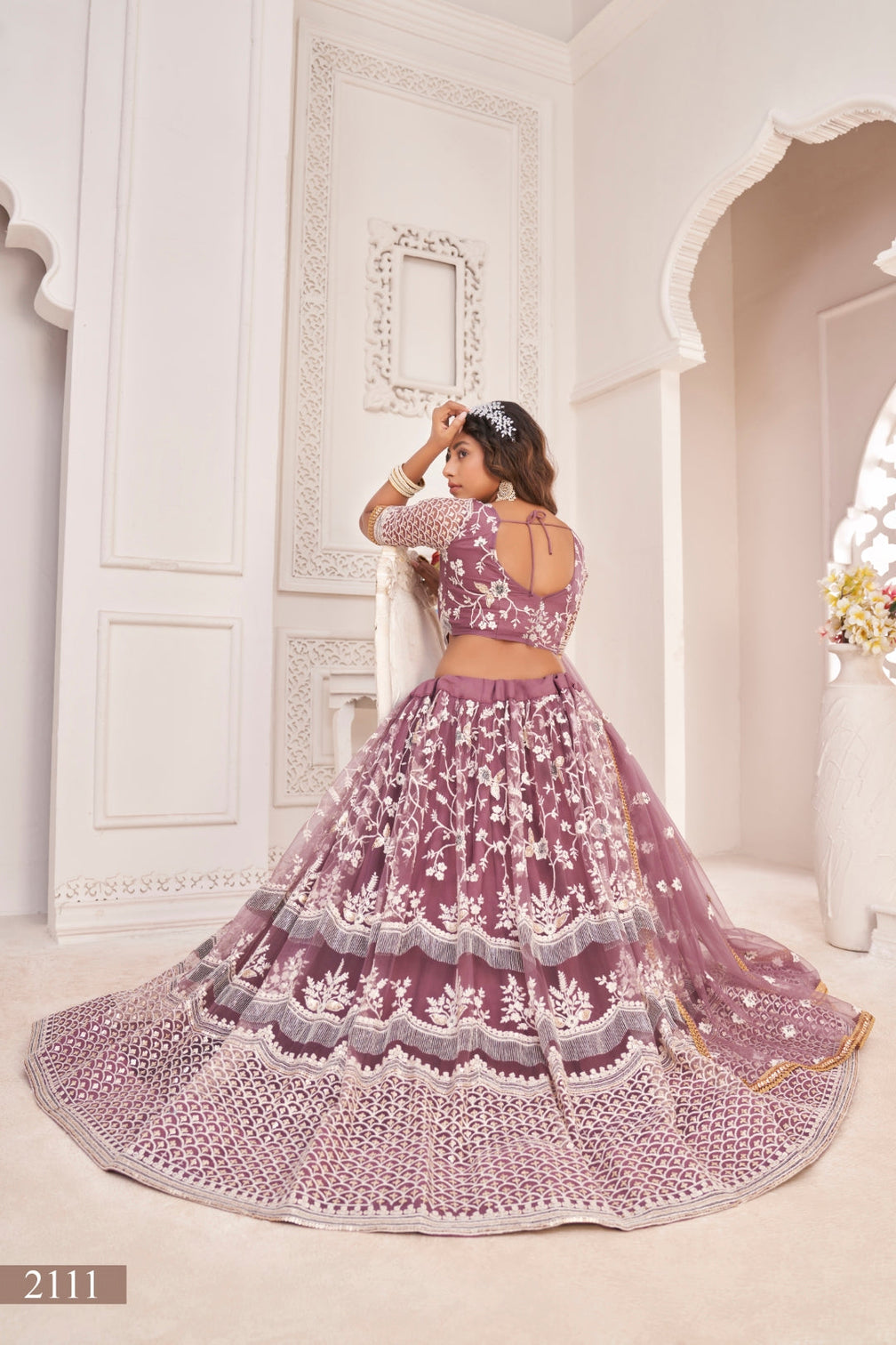 Dark Onion Butterfly Net Lehenga with White Thread, Zari & Sequin Embroidery