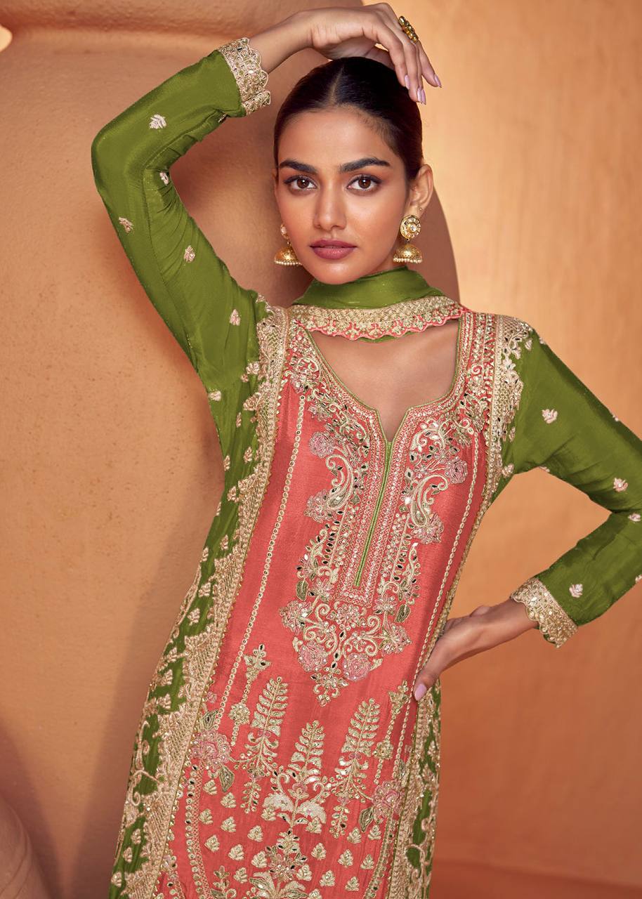Dark Peach Graceful Embroidered Chinon Suit Set with Dupatta