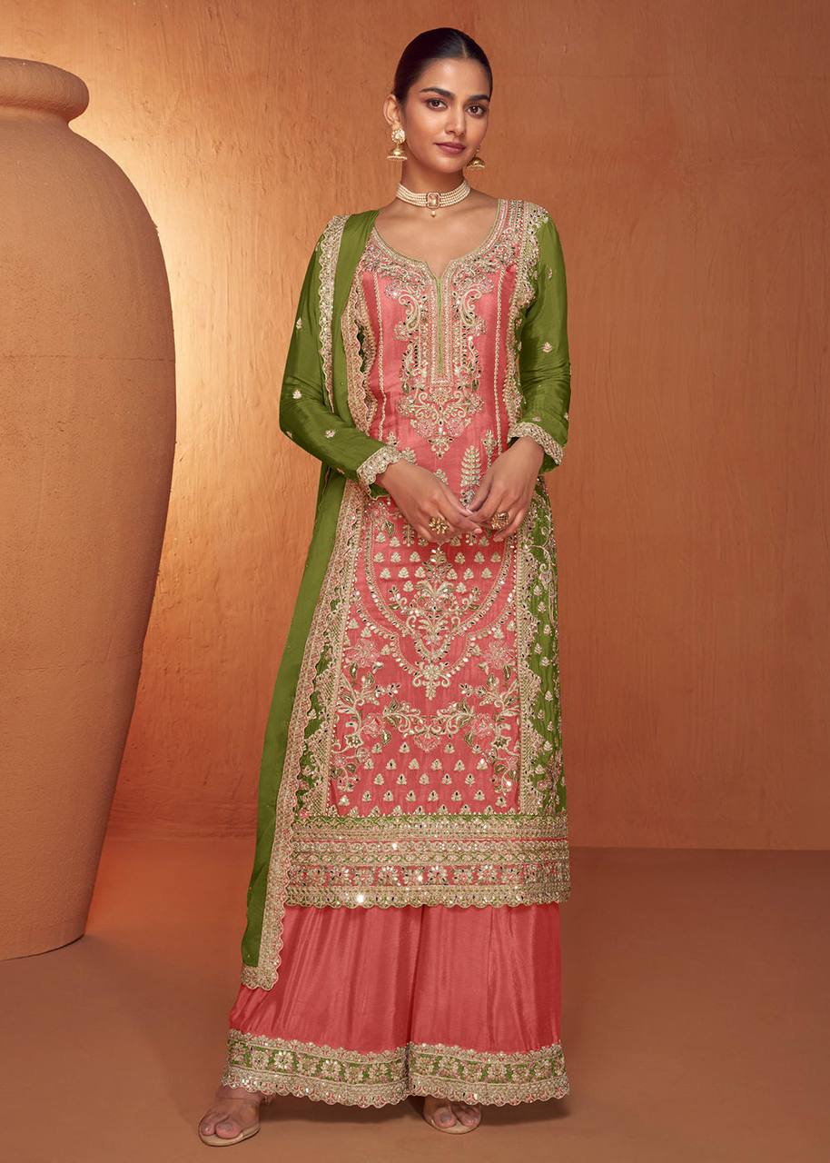 Dark Peach Graceful Embroidered Chinon Suit Set with Dupatta