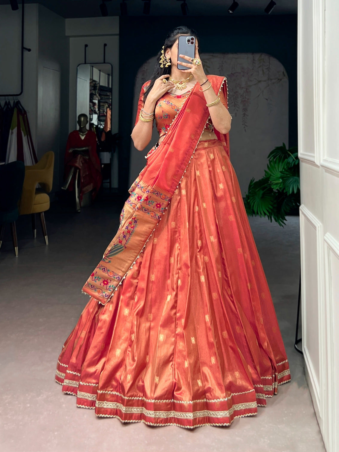 Dark Peach Shimmer Zari Weaving Lehenga
