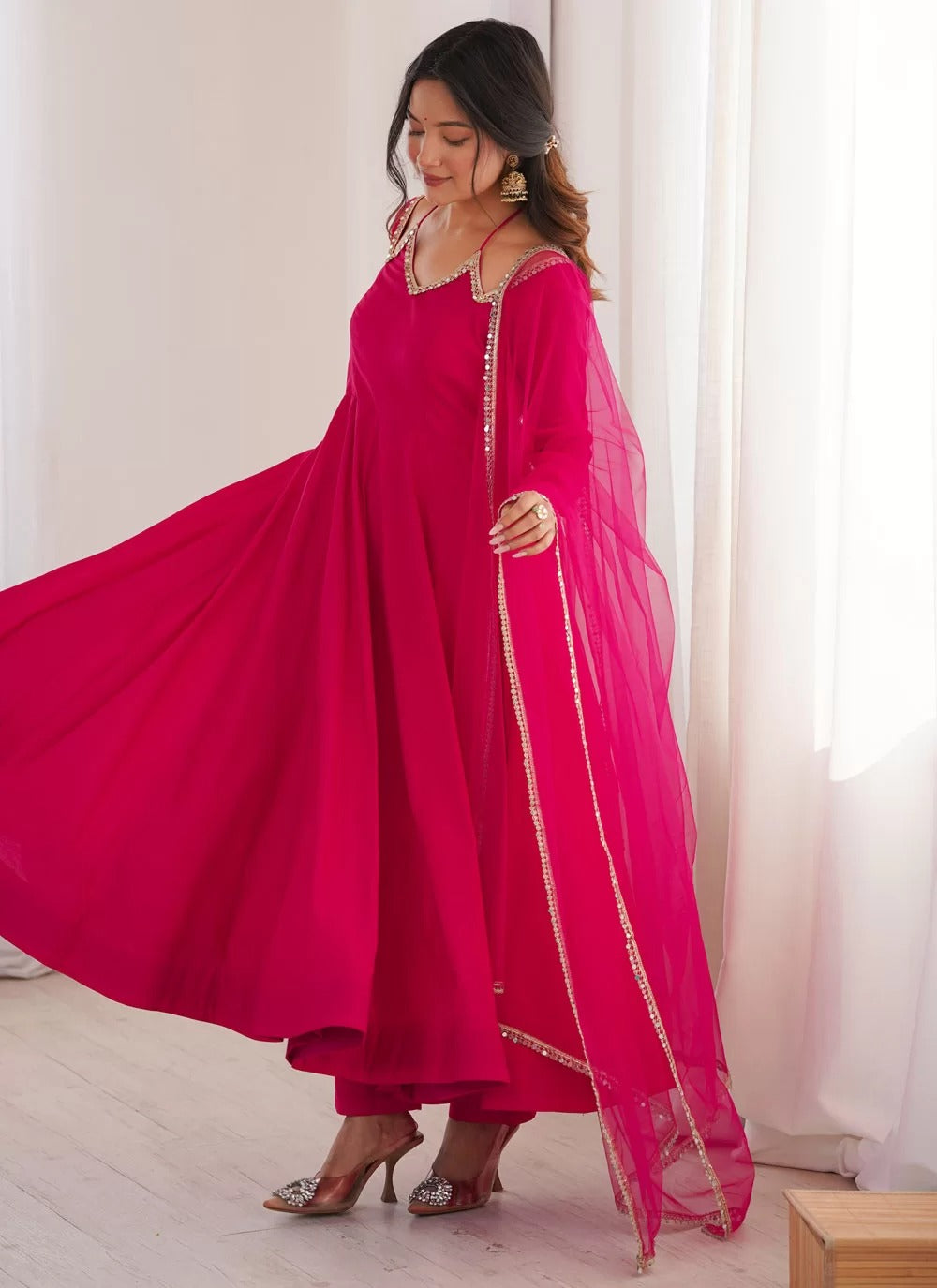 Dark pink roman silk chanderi anarkali suit with net dupatta for reception wear