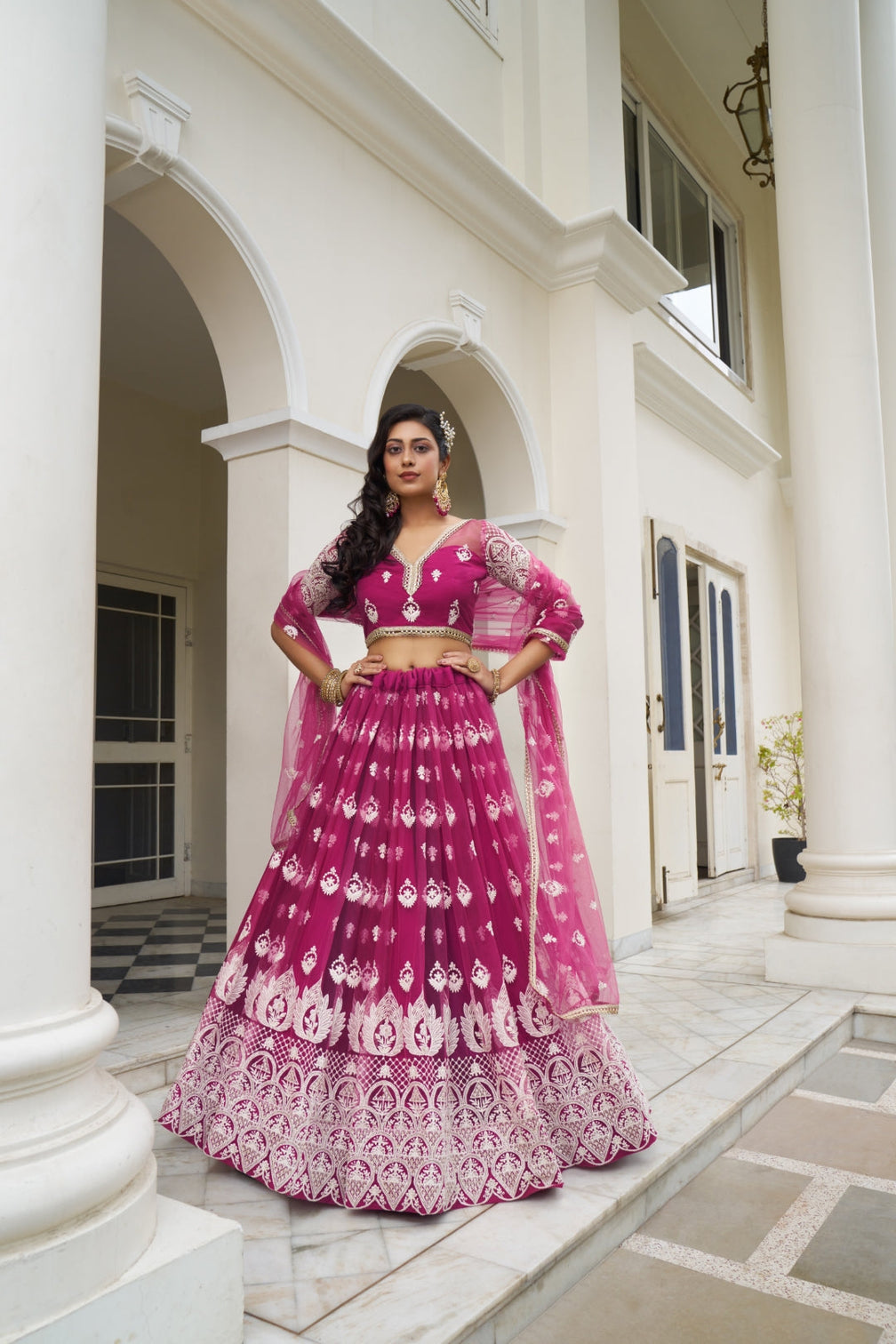 Dark Pink Butterfly Net Lehenga with White Thread and Sequin Embroidery