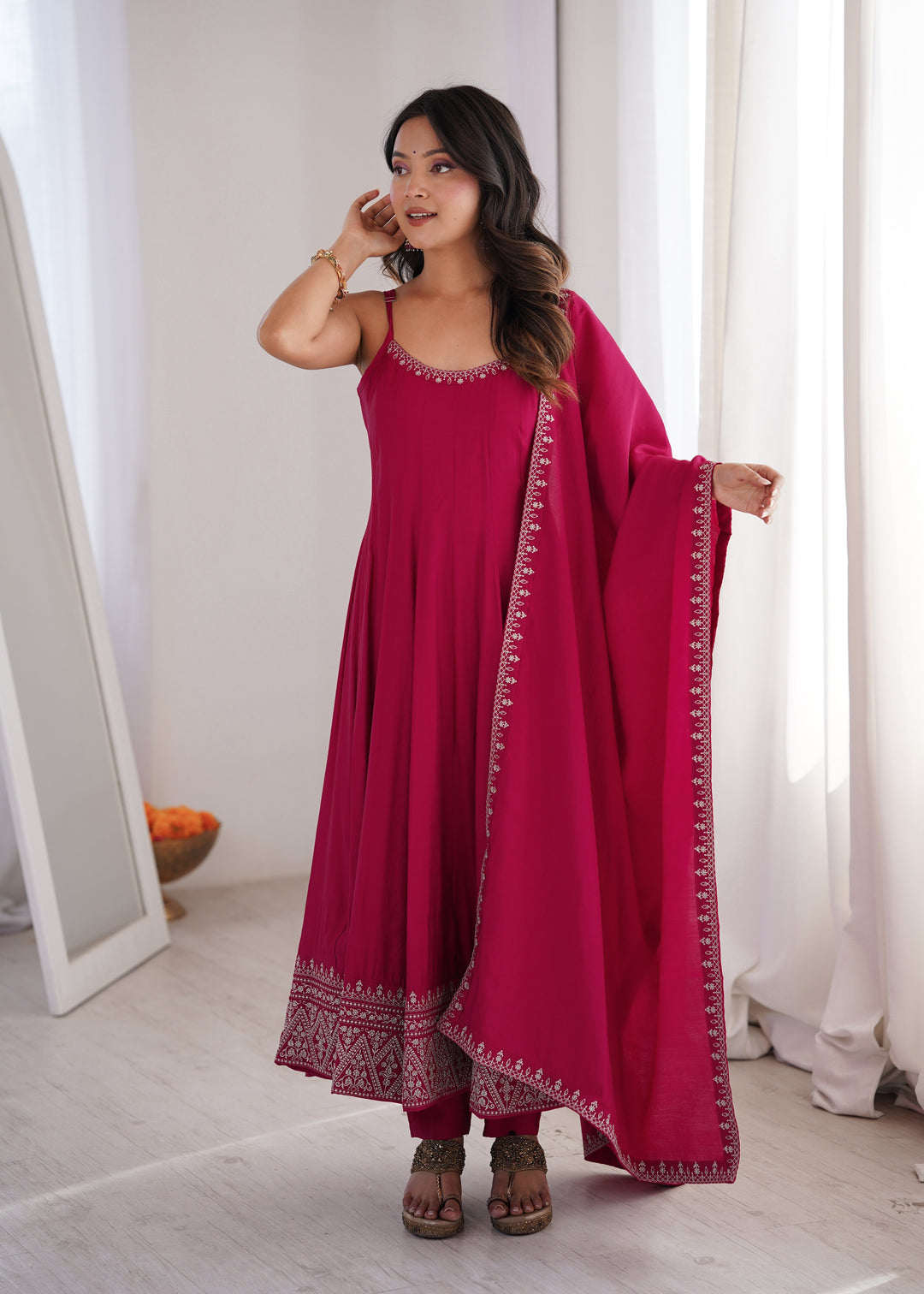Dark Pink Chanderi Anarkali Gown