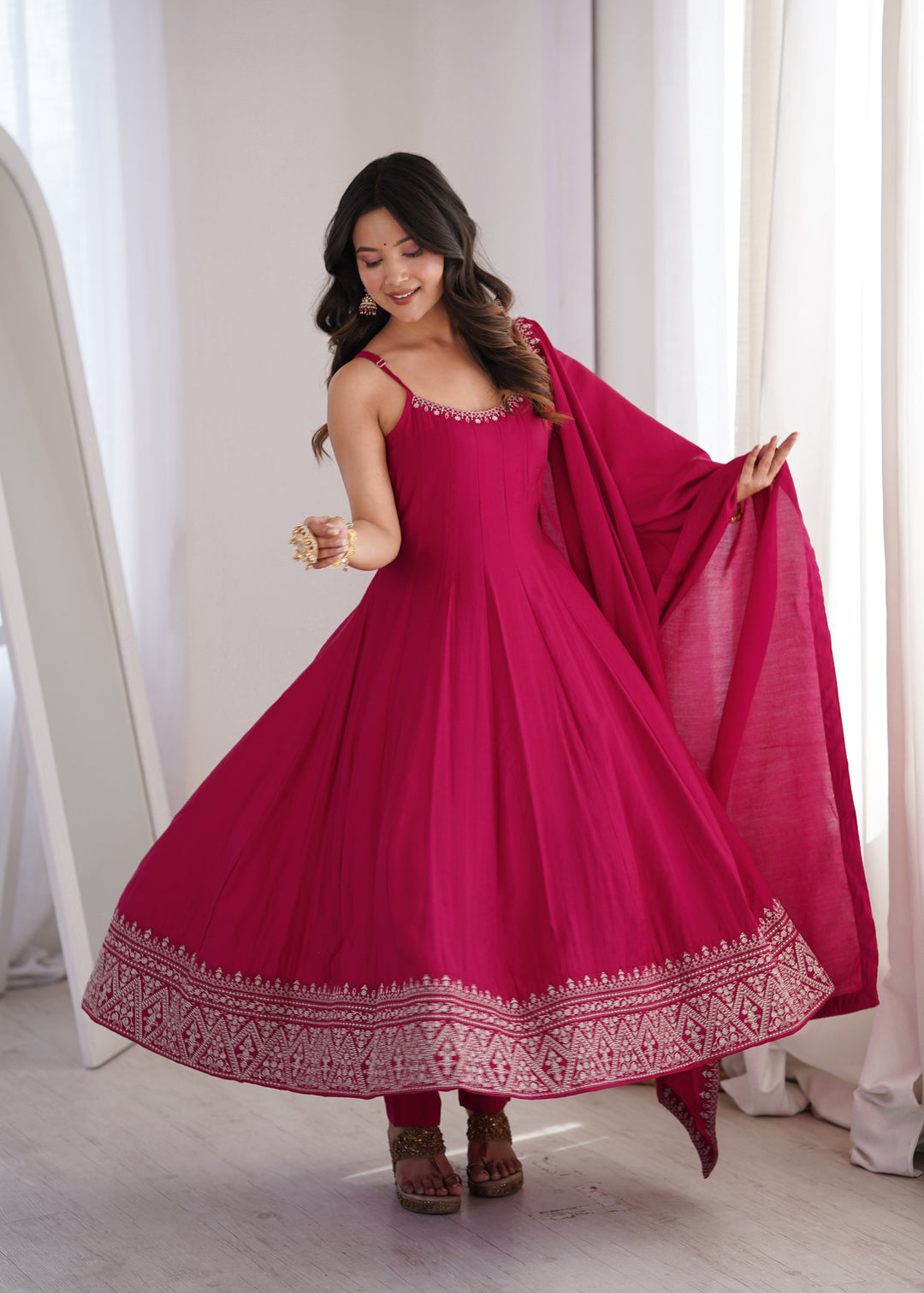 Dark Pink Chanderi Anarkali Gown