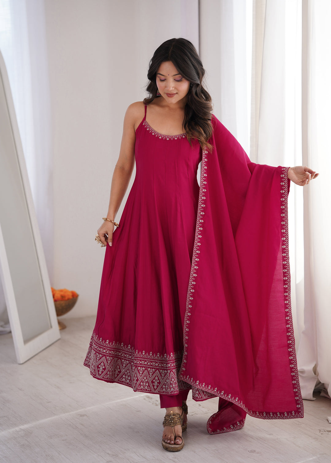 Dark Pink Chanderi Anarkali Gown