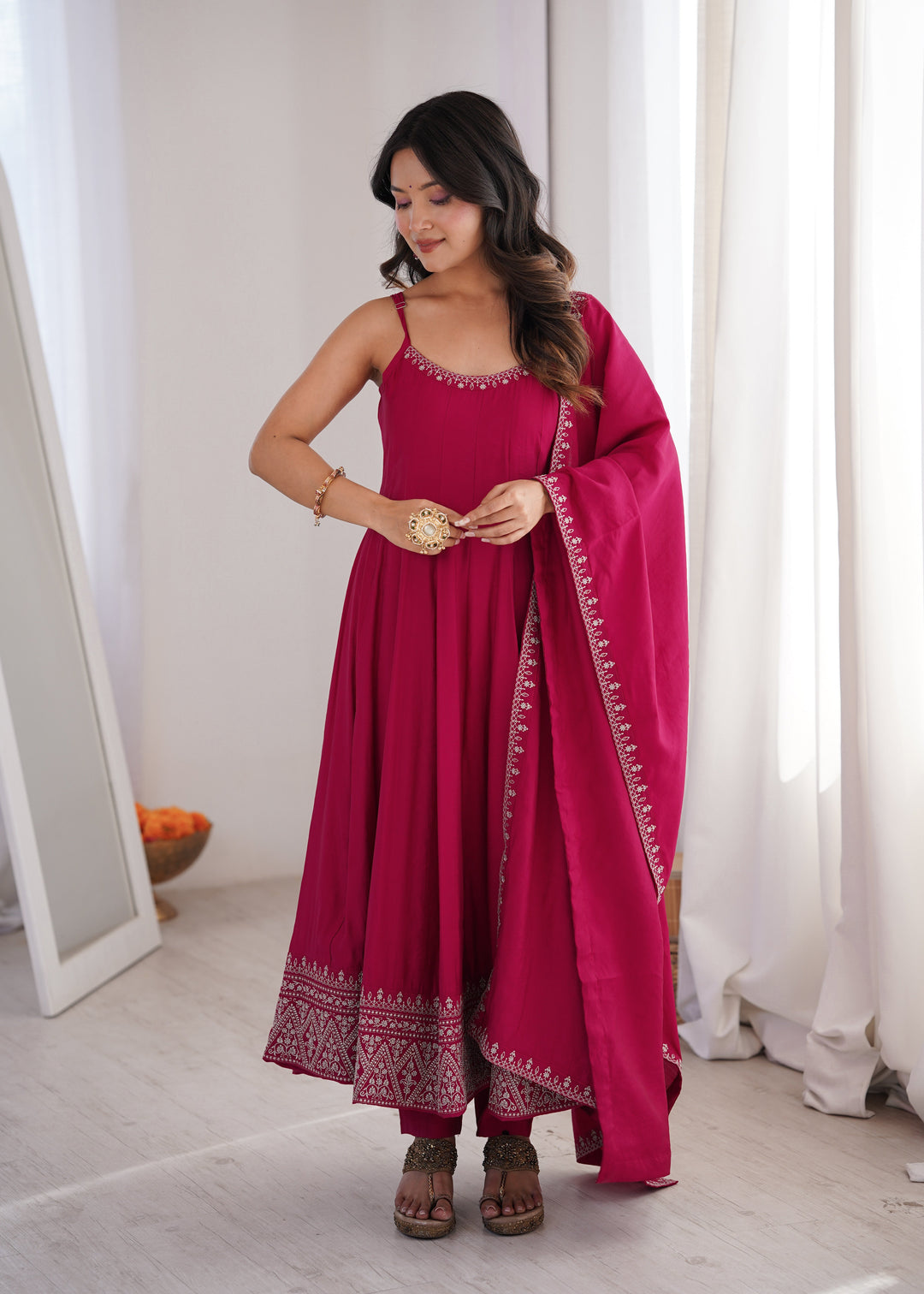 Dark Pink Chanderi Anarkali Gown