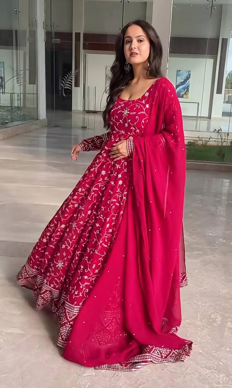Dark Pink Designer Faux Blooming Anarkali Suit with Heavy 9mm Sequins & Thread Embroidery – Full Set with Pants & Dupatta