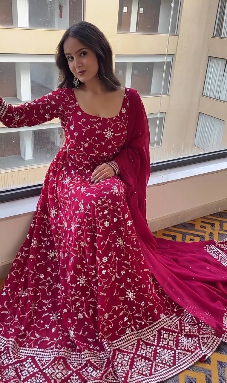 Dark Pink Designer Faux Blooming Anarkali Suit with Heavy 9mm Sequins & Thread Embroidery – Full Set with Pants & Dupatta