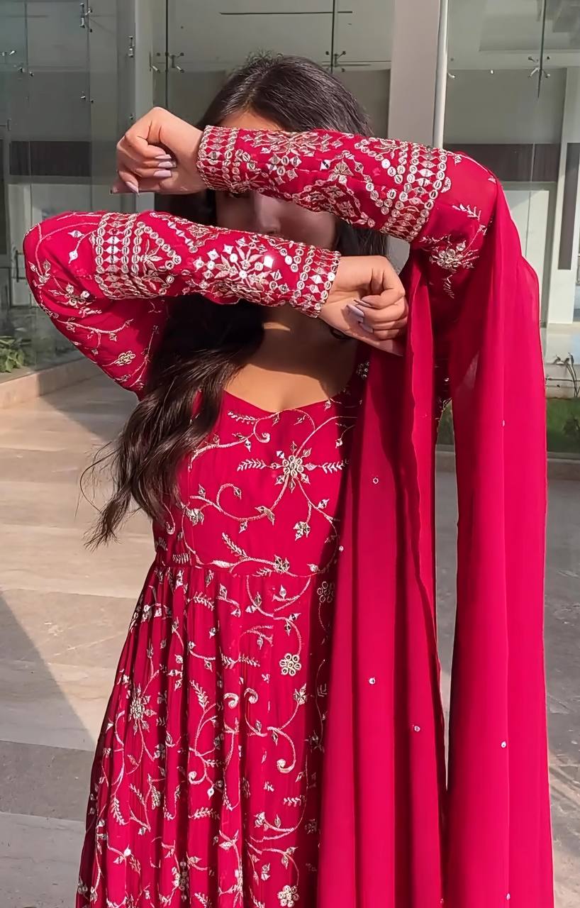 Dark Pink Designer Faux Blooming Anarkali Suit with Heavy 9mm Sequins & Thread Embroidery – Full Set with Pants & Dupatta