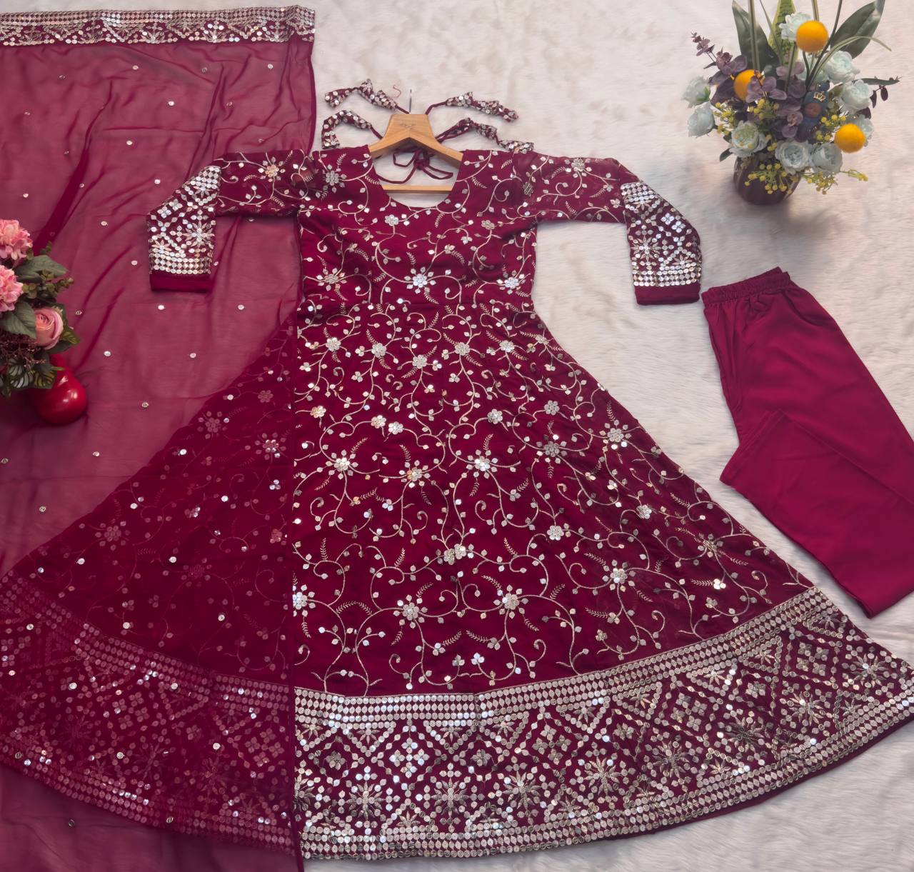 Dark Pink Designer Faux Blooming Anarkali Suit with Heavy 9mm Sequins & Thread Embroidery – Full Set with Pants & Dupatta
