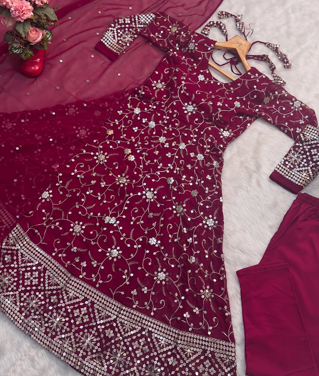 Dark Pink Designer Faux Blooming Anarkali Suit with Heavy 9mm Sequins & Thread Embroidery – Full Set with Pants & Dupatta