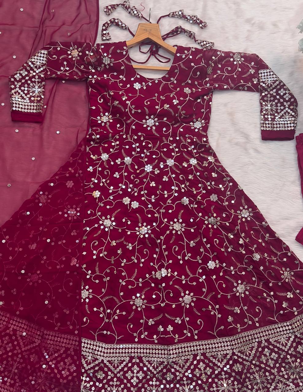 Dark Pink Designer Faux Blooming Anarkali Suit with Heavy 9mm Sequins & Thread Embroidery – Full Set with Pants & Dupatta