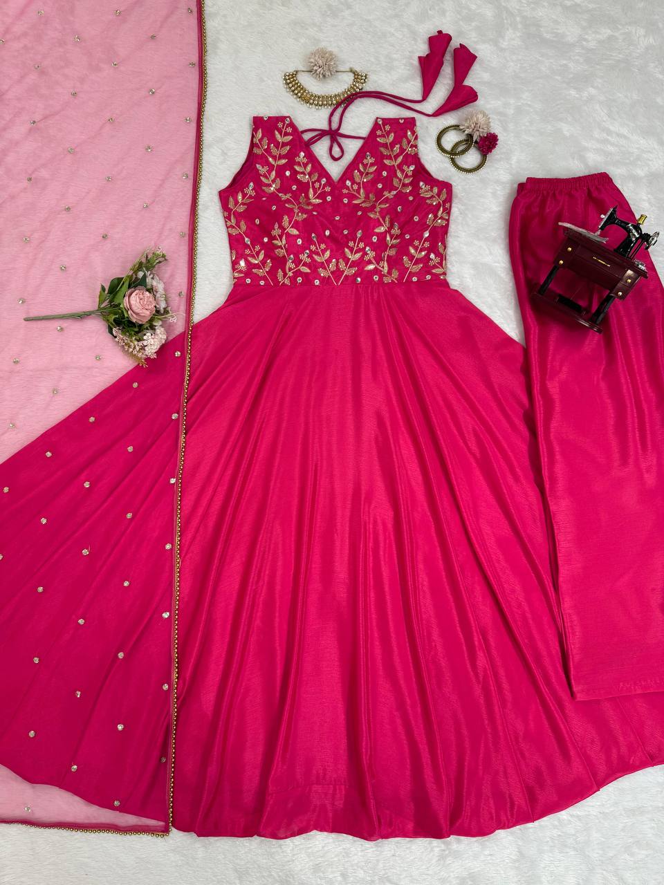 Dark Pink Elegant Chinon Silk Ensemble – Luxe Thread & Sequin Work