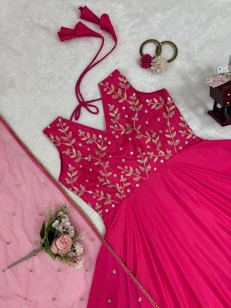 Dark Pink Elegant Chinon Silk Ensemble – Luxe Thread & Sequin Work