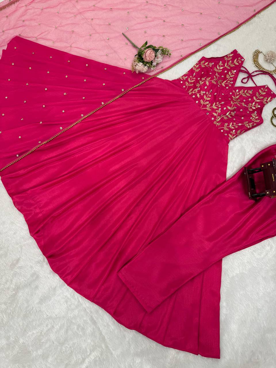 Dark Pink Elegant Chinon Silk Ensemble – Luxe Thread & Sequin Work