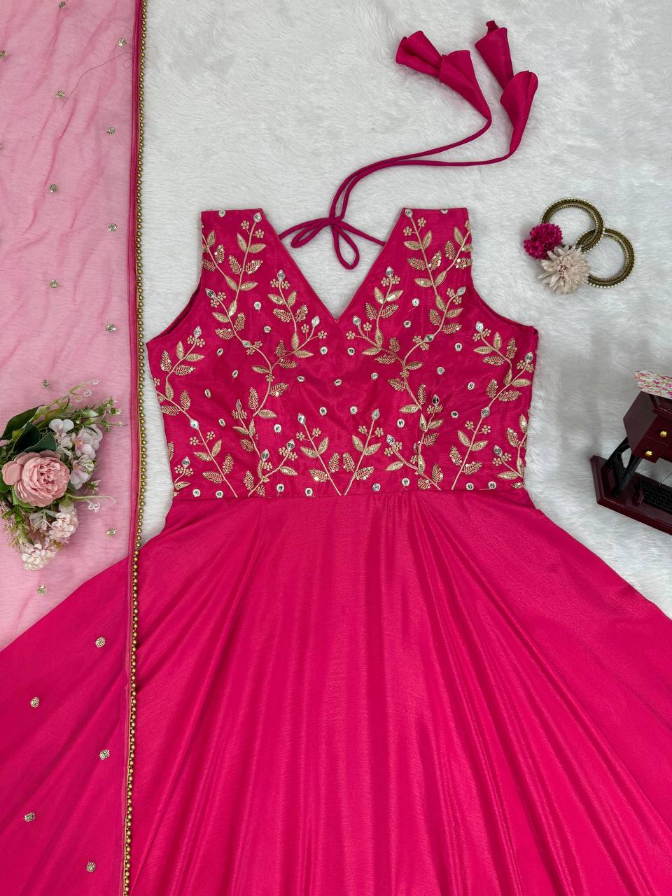 Dark Pink Elegant Chinon Silk Ensemble – Luxe Thread & Sequin Work