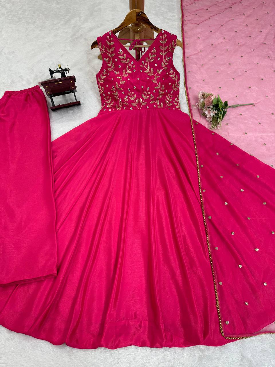 Dark Pink Elegant Chinon Silk Ensemble – Luxe Thread & Sequin Work