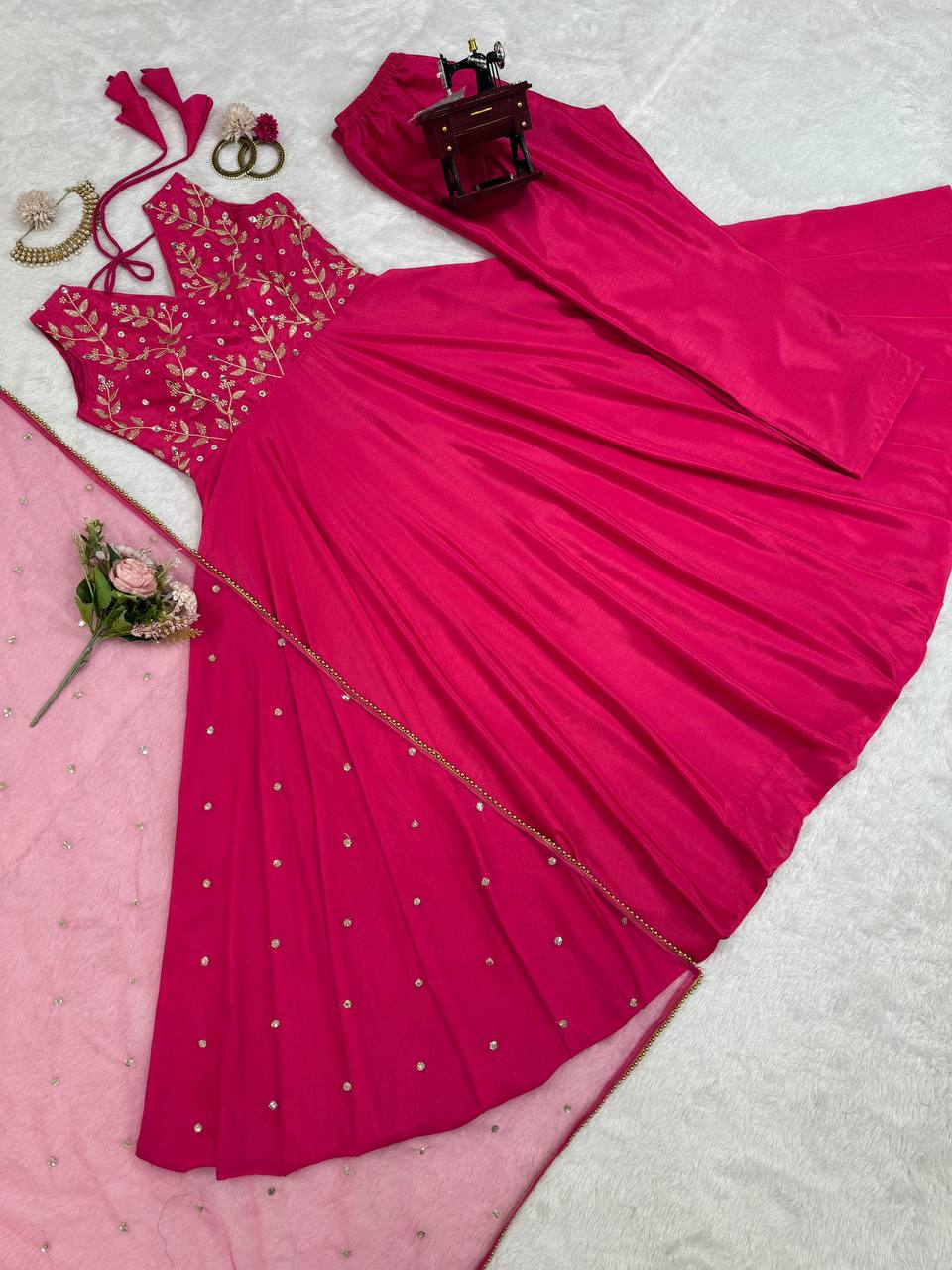 Dark Pink Elegant Chinon Silk Ensemble – Luxe Thread & Sequin Work