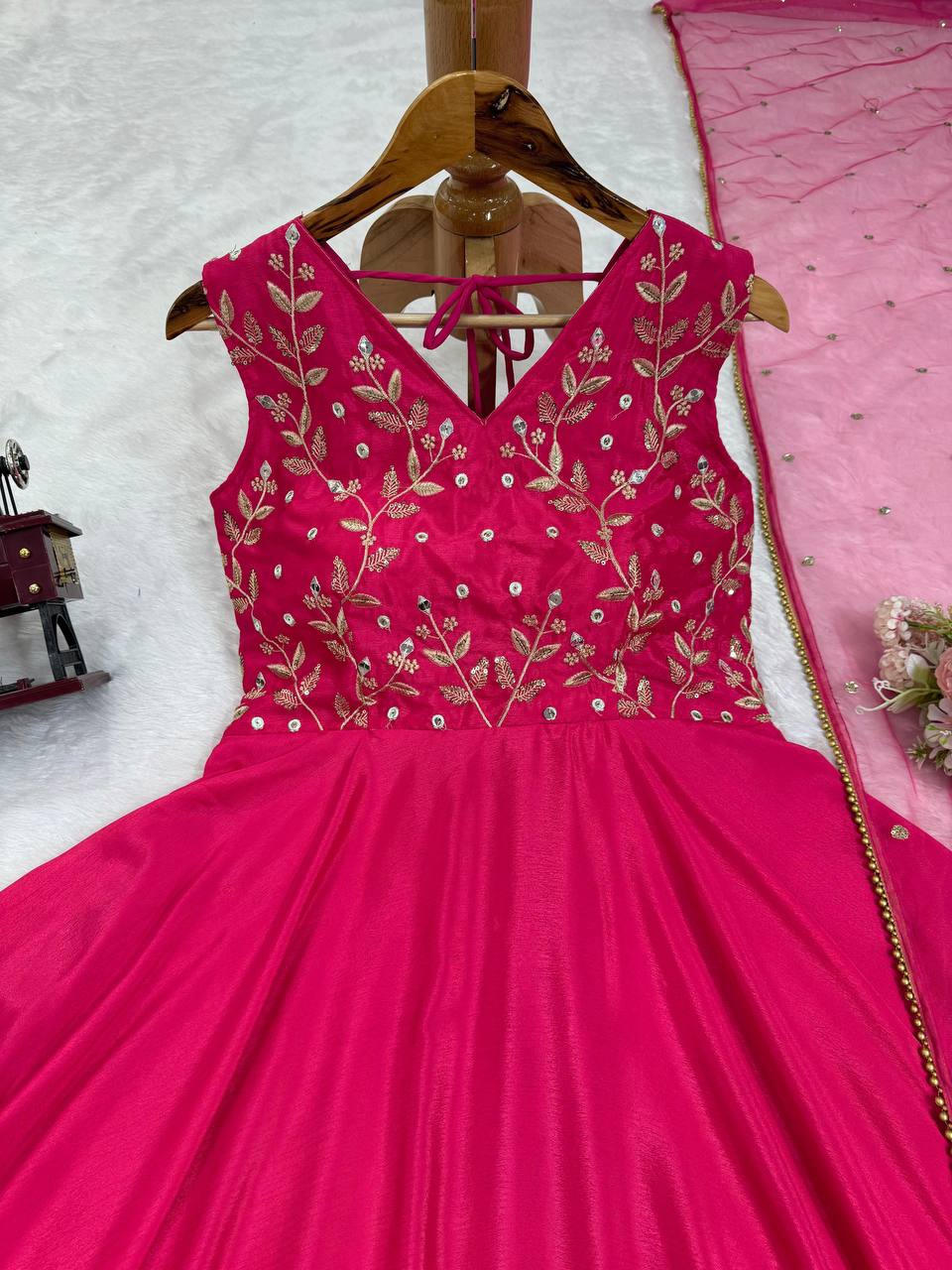 Dark Pink Elegant Chinon Silk Ensemble – Luxe Thread & Sequin Work