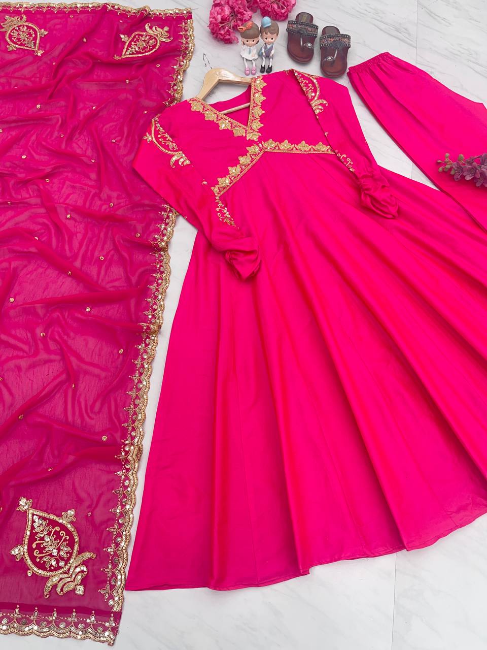 Dark Pink Elegant Designer Party Wear Alia Cut Gown with Palazzo & Dupatta – Perfect Festive Look