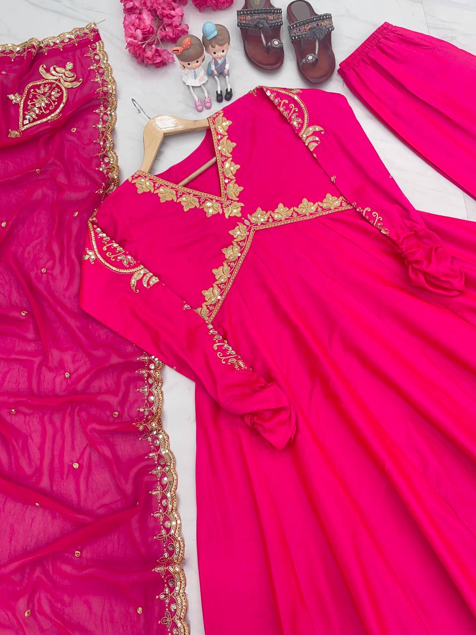 Dark Pink Elegant Designer Party Wear Alia Cut Gown with Palazzo & Dupatta – Perfect Festive Look