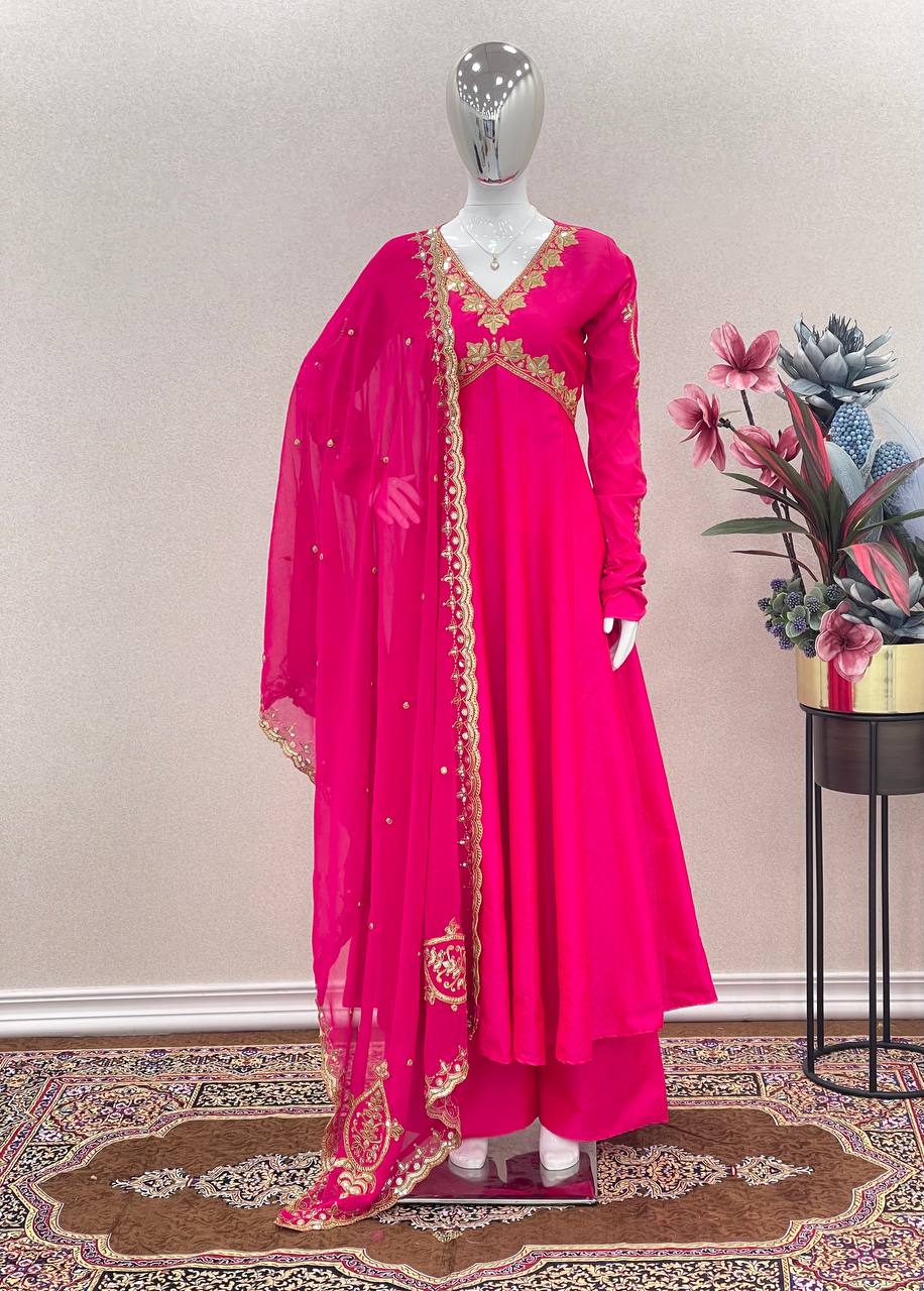 Dark Pink Elegant Designer Party Wear Alia Cut Gown with Palazzo & Dupatta – Perfect Festive Look