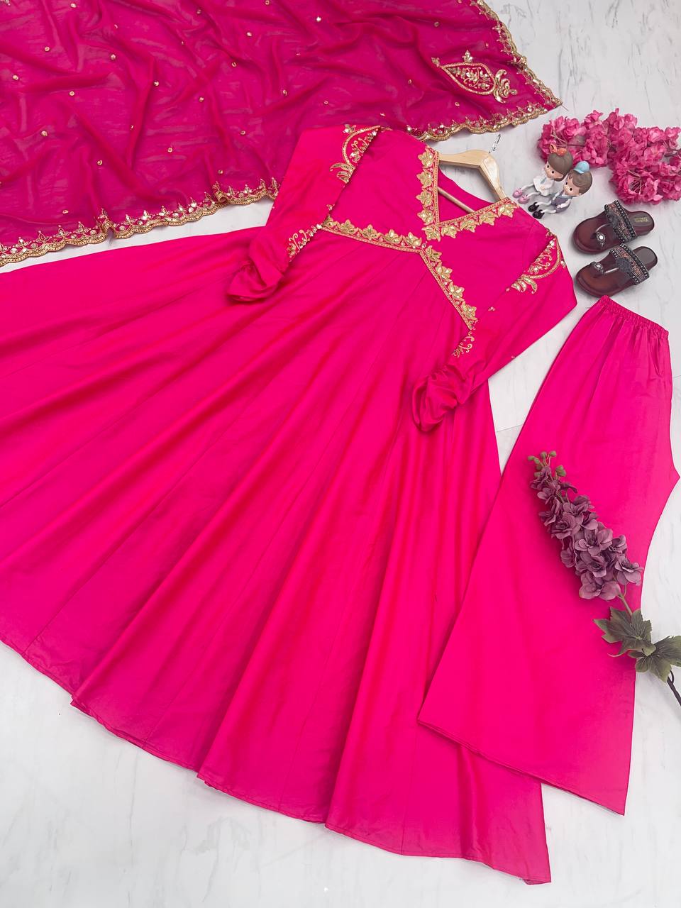 Dark Pink Elegant Designer Party Wear Alia Cut Gown with Palazzo & Dupatta – Perfect Festive Look