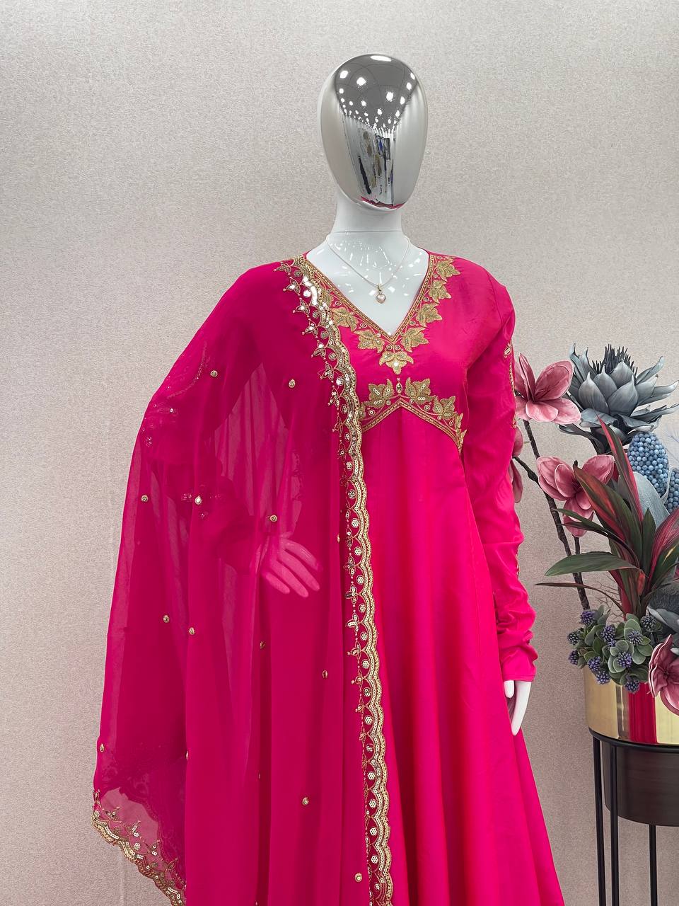 Dark Pink Elegant Designer Party Wear Alia Cut Gown with Palazzo & Dupatta – Perfect Festive Look