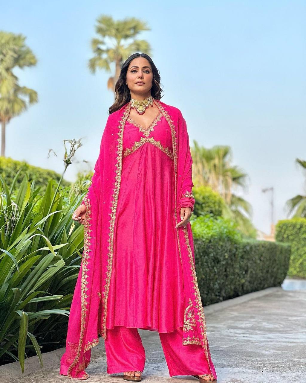 Dark Pink Elegant Designer Party Wear Alia Cut Gown with Palazzo & Dupatta – Perfect Festive Look
