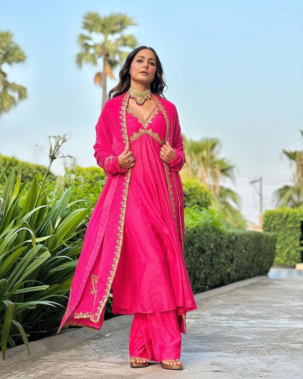Dark Pink Elegant Designer Party Wear Alia Cut Gown with Palazzo & Dupatta – Perfect Festive Look