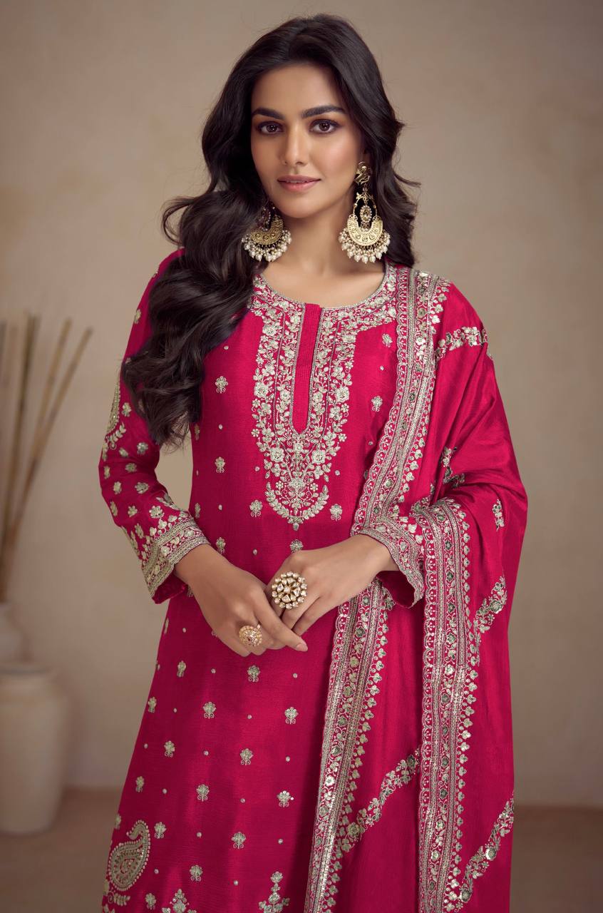 Dark Pink Elegant Embroidered Chinon Top & Bottom Set with Dupatta