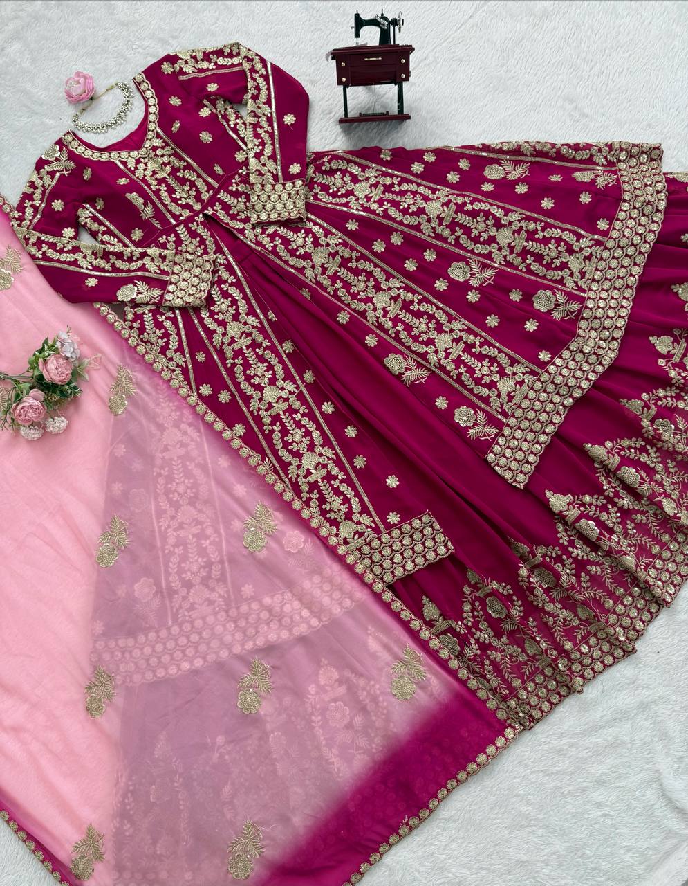 Dark Pink Elegant Faux Georgette Lehenga Choli Set with Thread & Sequin Work Digital Print Dupatta Ready-to-Wear