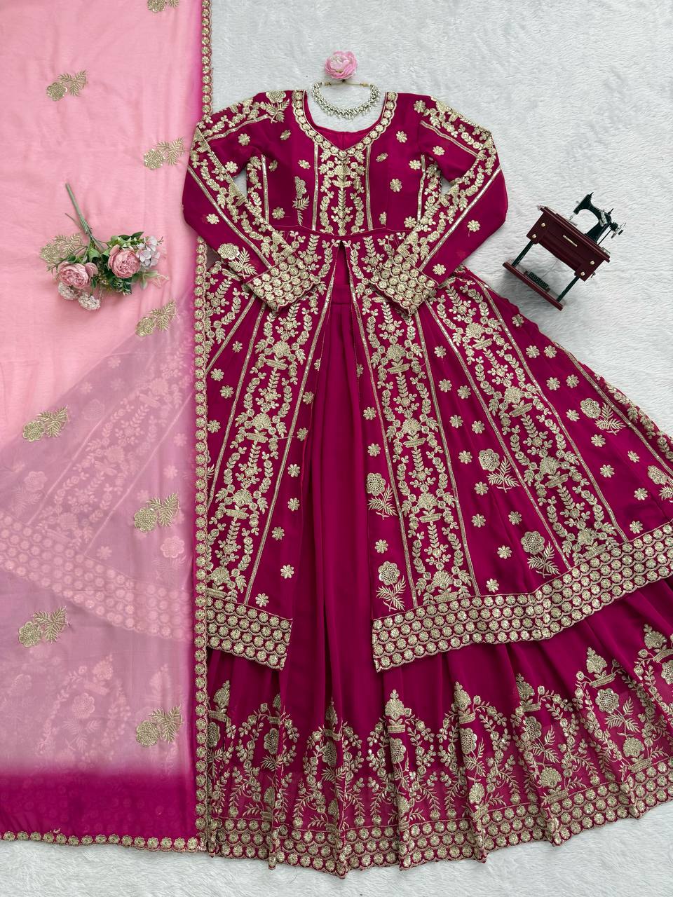 Dark Pink Elegant Faux Georgette Lehenga Choli Set with Thread & Sequin Work Digital Print Dupatta Ready-to-Wear