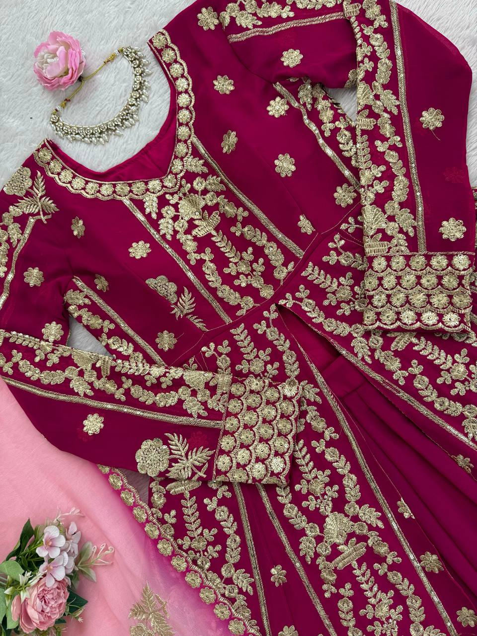 Dark Pink Elegant Faux Georgette Lehenga Choli Set with Thread & Sequin Work Digital Print Dupatta Ready-to-Wear