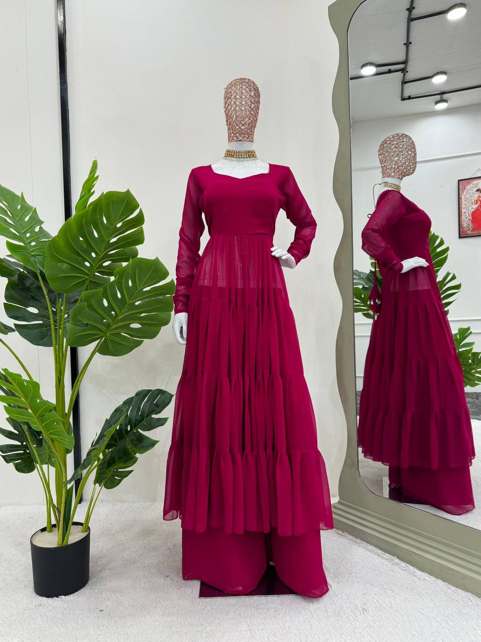 Dark Pink Elegant Ruffle Style Faux Georgette Plazo Set