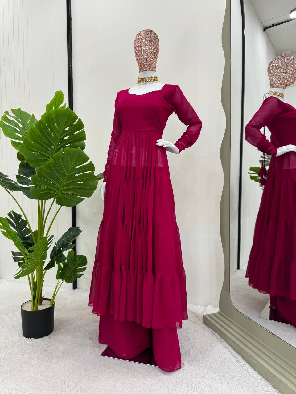 Dark Pink Elegant Ruffle Style Faux Georgette Plazo Set