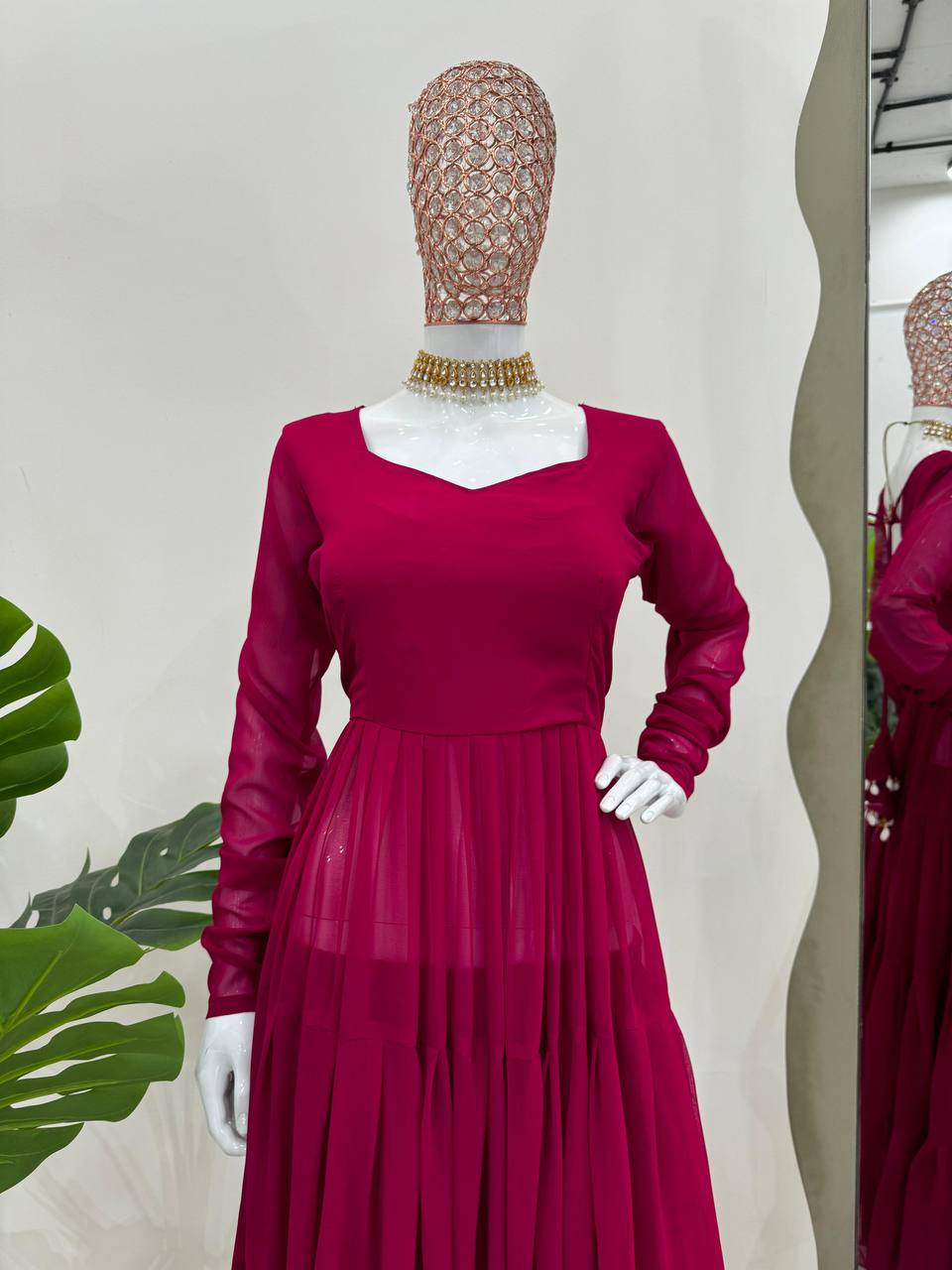Dark Pink Elegant Ruffle Style Faux Georgette Plazo Set
