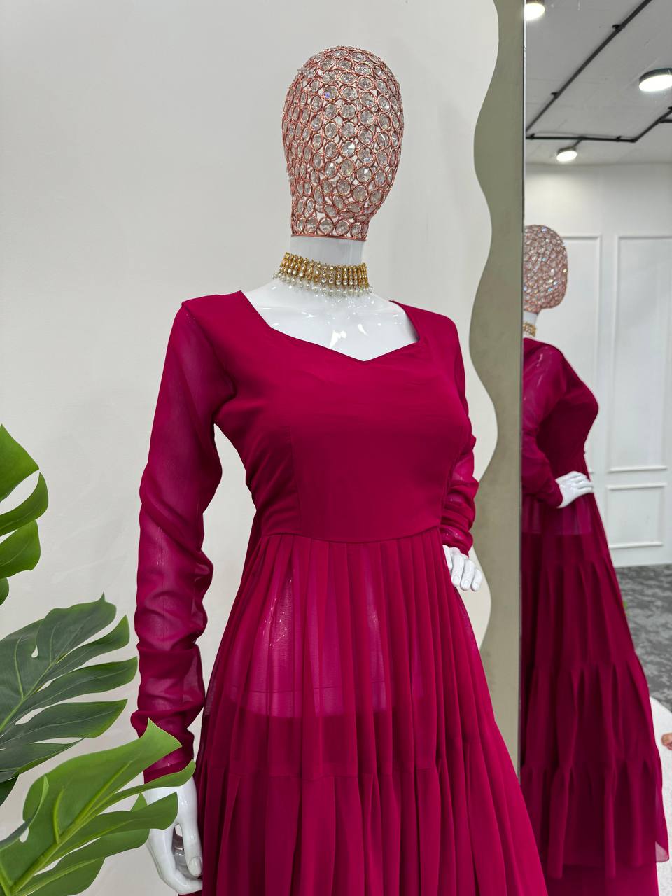 Dark Pink Elegant Ruffle Style Faux Georgette Plazo Set