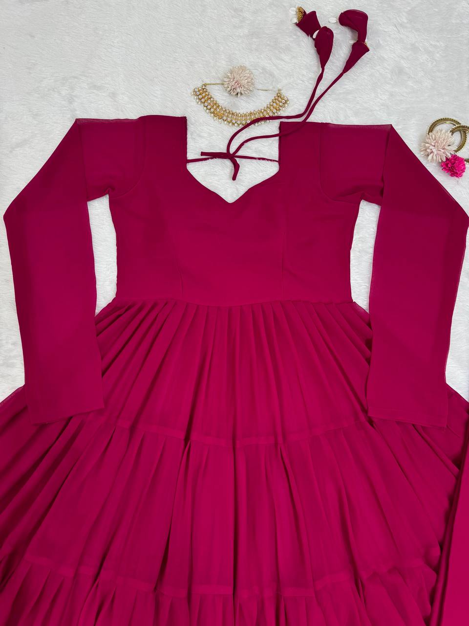 Dark Pink Elegant Ruffle Style Faux Georgette Plazo Set