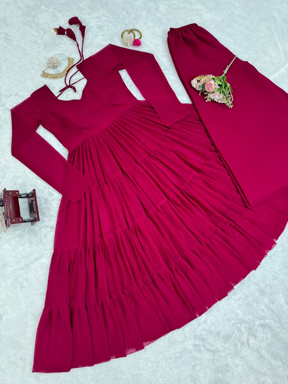 Dark Pink Elegant Ruffle Style Faux Georgette Plazo Set
