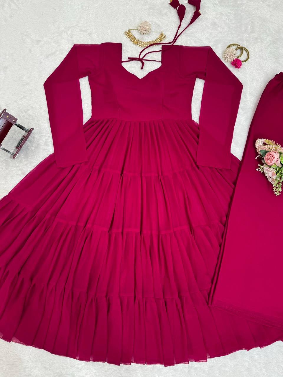Dark Pink Elegant Ruffle Style Faux Georgette Plazo Set