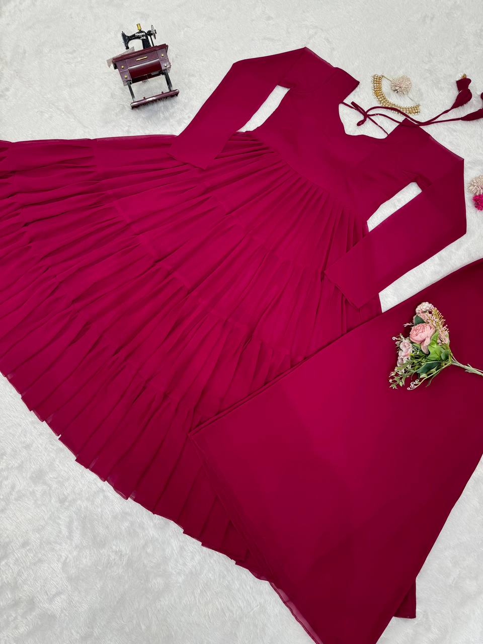 Dark Pink Elegant Ruffle Style Faux Georgette Plazo Set