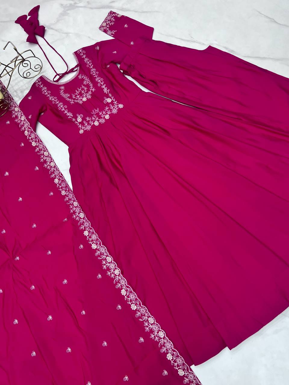 Dark Pink Luxury Roman Chanderi Silk Anarkali Gown Set with Hand Beads Work, 16-Kali Full Flare Design & Embroidered Dupatta