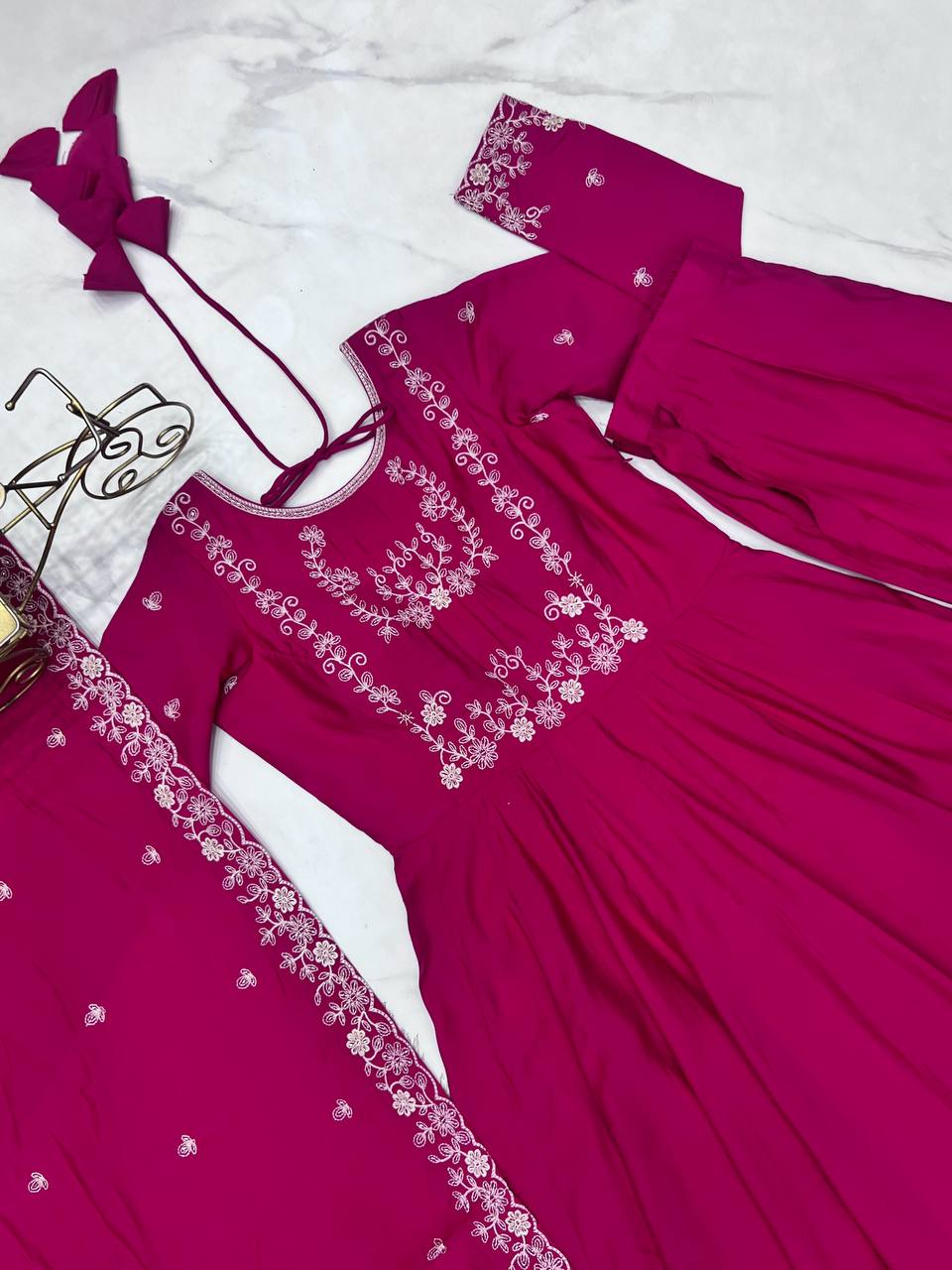 Dark Pink Luxury Roman Chanderi Silk Anarkali Gown Set with Hand Beads Work, 16-Kali Full Flare Design & Embroidered Dupatta