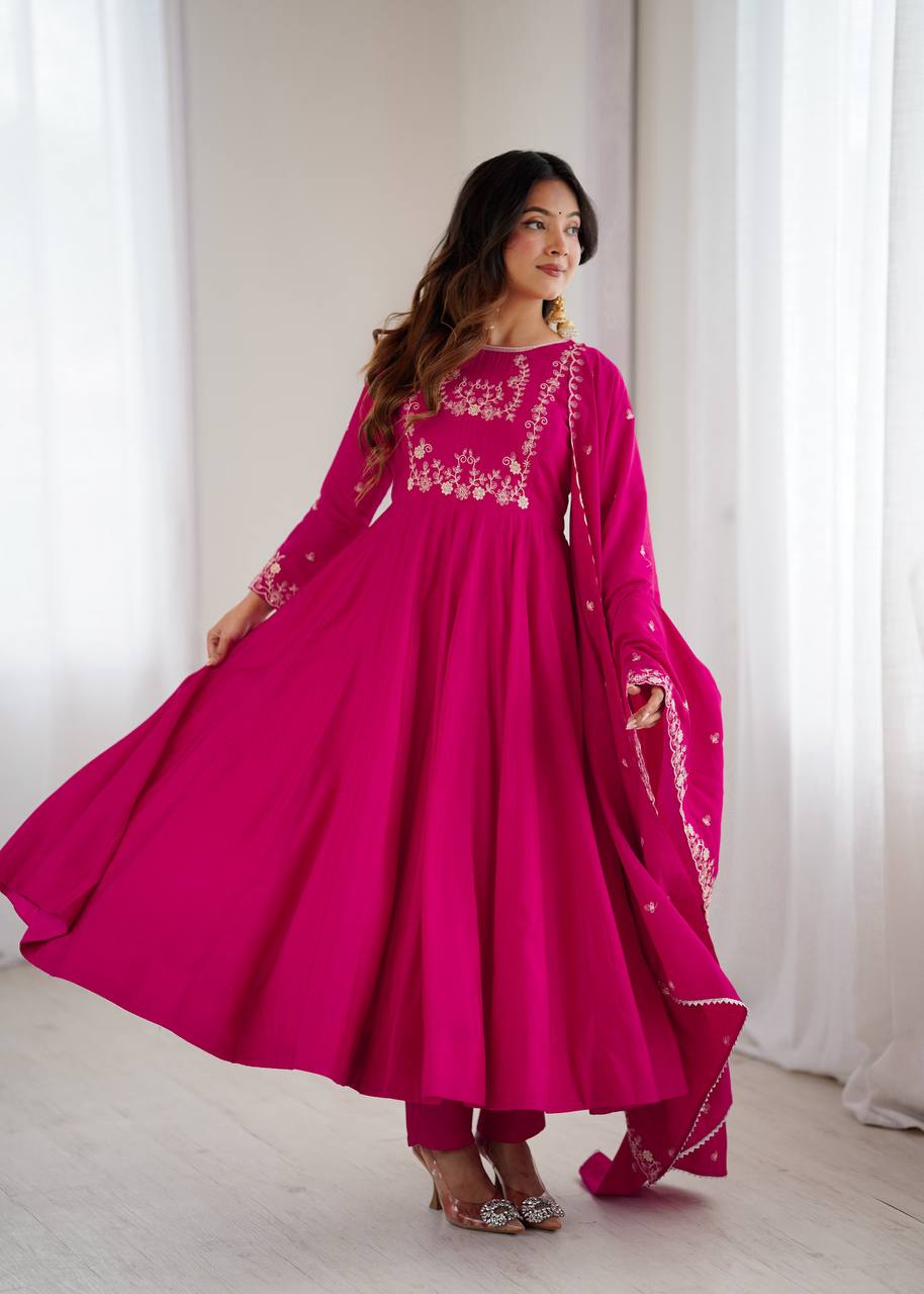 Dark Pink Luxury Roman Chanderi Silk Anarkali Gown Set with Hand Beads Work, 16-Kali Full Flare Design & Embroidered Dupatta