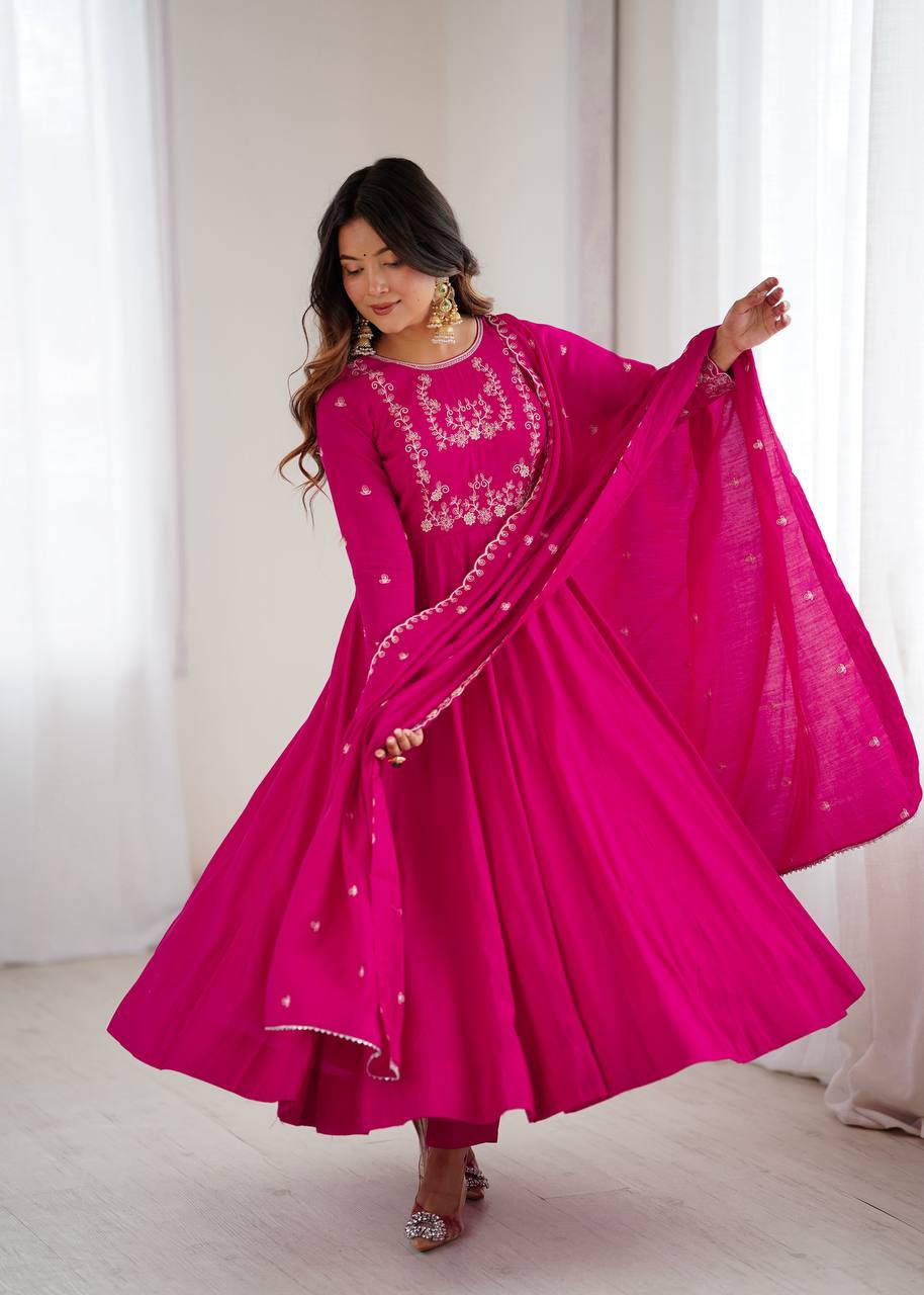 Dark Pink Luxury Roman Chanderi Silk Anarkali Gown Set with Hand Beads Work, 16-Kali Full Flare Design & Embroidered Dupatta