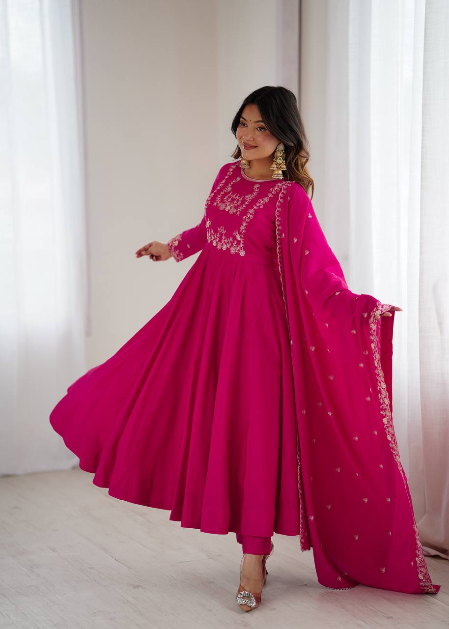 Dark Pink Luxury Roman Chanderi Silk Anarkali Gown Set with Hand Beads Work, 16-Kali Full Flare Design & Embroidered Dupatta